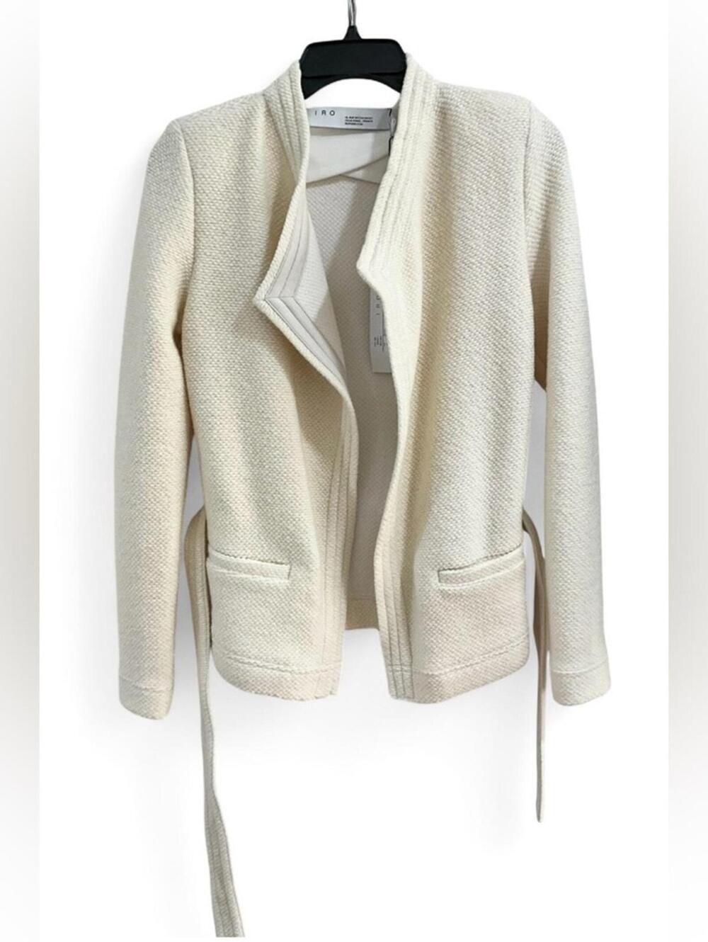 NWT IRO PARIS Euro SZ 34/ XS Belted Jacket Leather-Trim Bouclé-Knit Wool Cream - Picture 9 of 14